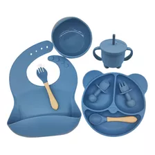 Set Alimentación Bebe Vajilla Silicona Comida Bpa Free Color Azul Una Ganga