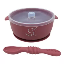 Bowl/tazón Grande Papubaby Con Tapa Y Cuchara De Silicón Color Rosa Magenta Bowl Con Succion