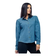 Blusa Feminino Camisa Jeans Manga Princesa Bufante Esticar