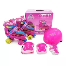 Patins Roller Infantil Kit Proteção Menina Rosa 30-37