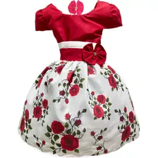 Vestido Infantil Festa Floral Vermelho Natal+ Brinde Tiara