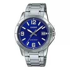 Reloj Pulsera Casio Enticer Mtp-v004 De Cuerpo Color Plateado, Analógico, Para Hombre, Fondo Azul, Con Correa De Acero Inoxidable Color Plateado, Agujas Color Plateado Y Blanco, Dial Plateado, Minuter