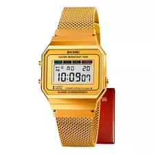 Relógio Skmei Digital Quadrado Dourado Pulseira Mesh 1660 +