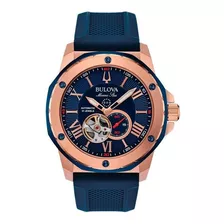 Reloj Pulsera Bulova Marine Star 98a22 De Cuerpo Color Oro Rosa Y Azul, Analógico, Para Hombre, Fondo Azul, Con Correa De Silicona Color Azul, Agujas Color Oro Rosa Y Blanco, Dial Oro Rosa, Subesferas