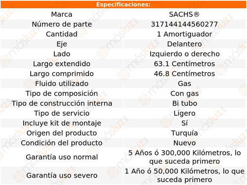 1- Amortiguador Gas Delantero Izq/der C240 01/02 Sachs Foto 2