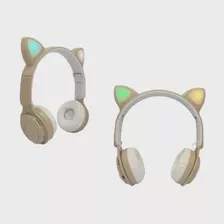 Fone De Gatinho Headphone Cat Bluetooth Led Sem Fio Sd Cor Bege