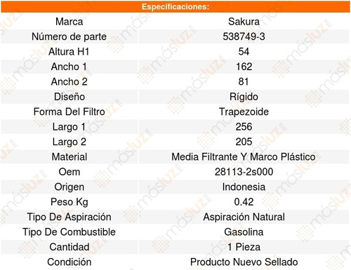 Filtro Aire P/ Hyundai Elantra L4 1.8l 11_15 Sakura 8640322 Foto 2