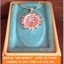 Medalla Dije Con Cadena San Benito Acero Inox Baño De Plata 