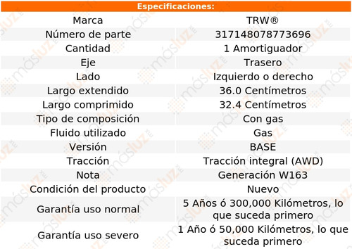 1- Amortiguador Gas Trasero Izq/der Ml320 Awd 98/02 Trw Foto 2