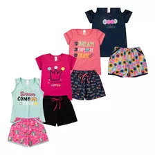 Kit 8 Peças Roupa Infantil Meninas 4 Blusas E 4 Short Verão