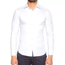 Camisa Los Caballeros Manga Larga Blanca Con Spandex Slim 