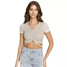 Blusa Cropped Feminino Amofany Em Malha Ribana Com Amarração