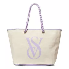 Victoria's Secret Bolsa De Praia Tote Com Logo Da Marca Acambamento Dos Ferragens Ouro Cor Palha Cor Da Correia De Ombro Lilás Desenho Do Tecido Liso