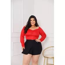 Conjunto Short Saia Com Cropped Manga Longa Plus Size