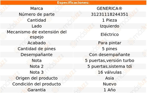 Espejo Izq Elect P/pintar C/desemp 5 Pines A3 04/08 Foto 2