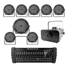 Kit 8 Par Led 3 Em 1 + Máq. De Fumaça 2000w + Mesa Dmx 384