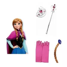 Kit Fantasia Anna Frozen C/coroa Par De Luvas Varinha Trança