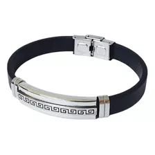 Pulsera Simil Cuero Negro Acero Quir Guarda Griega Hombre