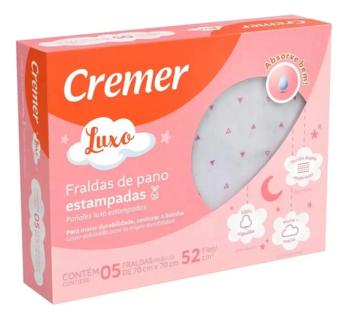 Fralda De Pano Cremer Luxo Estampada Rosa - Com 5 Unidades 70cm X 70cm Meninas