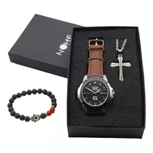 Reloj Hombre, Cadena Y Cruz Set De Regalo Estuche