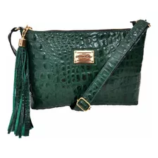 Bolsa Transversal Oliver Mour 1019 Design Croco De Couro De Crocodilo Verde Com Alça De Ombro Verde E Ferragens Metal