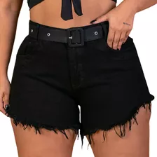 Short Jeans Plus Size Preto Liso Hot Pants Com Cinto Forrado