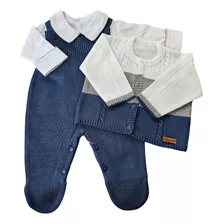 Conjunto Trico Linha Baby Casaco Listra 3 Peças Azul Jeans