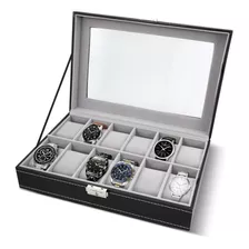 Redlemon Caja Para Relojes Y Estuche Organizador Con 12 Espacios Y Almohadillas, Organizador De Joyas, De Piel Sintética E Interior De Terciopelo, Exhibidor Con Tapa De Vidrio Y Candado De Seguridad