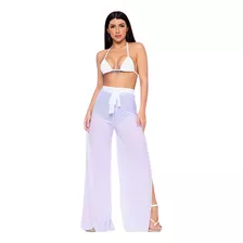 Calça Pantalona Transparente Saída Fenda Piscina/praia