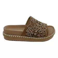 Sandalia De Mujer Piedras Bordado Beige Zapatos Dama