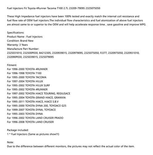 Inyectores Combustible Para Toyota 4runner Tacoma T100 2.7l Foto 4