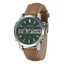 Relogio Lince Masculino Anadigi Prata Verde Pulseira Couro