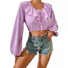 Top Crop Top Lila Manga Larga Arruche Cintura