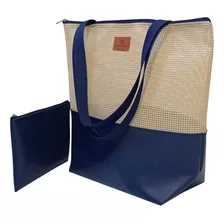 Bolsa Feminina De Praia Com Necessaire Azul Marinho