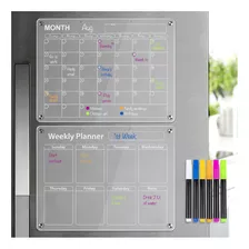 2 Pizarrones Calendario Magnético Acrílico Para Refrigerador, Planeador Semanal/mensual Con 6 Plumones Coloridos Y Paño Borrador Incluidos