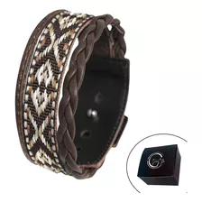 Pulseira De Couro Masculina Lisa Indígena Ajustável