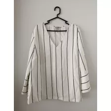 Blusa Blanca Con Líneas Negras , Cuello V - H&m