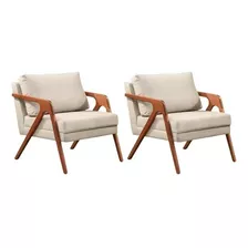 Conjunto 2 Poltronas Mona Amber Luxo Madeira Maciça Linho Cor Bege