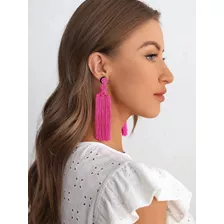 Pendientes Largos Con Fleco Fucsia