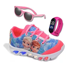 Tênis De Led Infantil Feminino Frozen Mais Relógio E Oculos