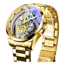 Relógio Aço Masculino Liandu Transparente Ouro 