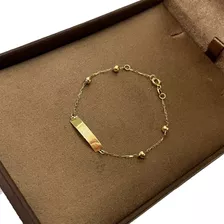 Pulseira Bracelete Bolinha Plaquinha Infantil Em Ouro 18k