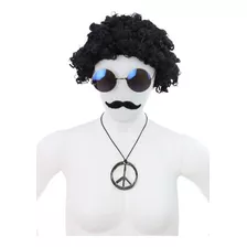 Kit Peruca Black Power Colar Óculos E Bigode Fantasia Hippie