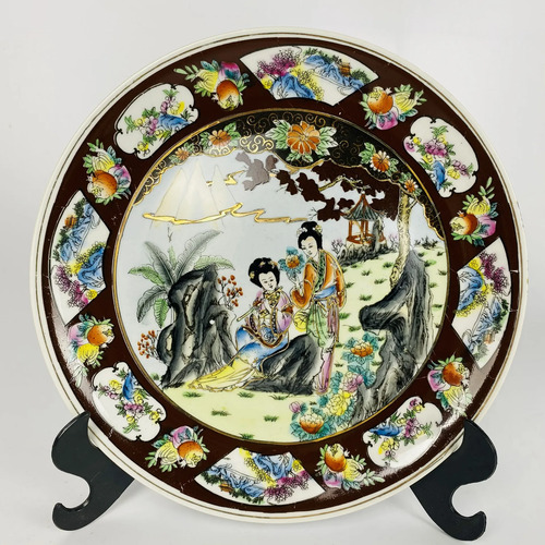 Prato Decorativo Porcelana Chinesa Oriental 26cm Vintage Preto Asiático