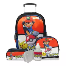 Kit Escolar Infantil Mochila De Rodinhas Pokemon Tamanho G