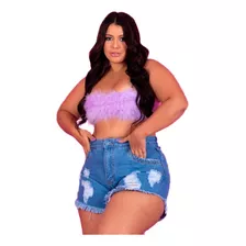Short Jeans Plus Size Feminino Botão Encapado Barra Desfiada