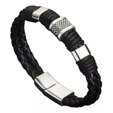 Pulseira Masculina Couro E Aco Preto