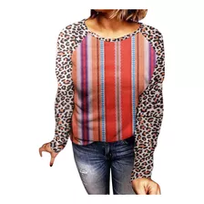 Camiseta Feminina Xadre/leopardo De Manga Comprida Patchwork