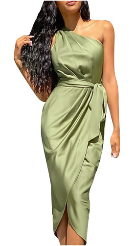 Vestido Mujer Un Hombro Costura Color Sólido Wrappe 2094 