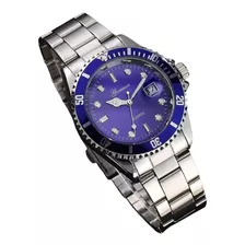 Relógio Masculino Prata Luxo Azul Com Caixa